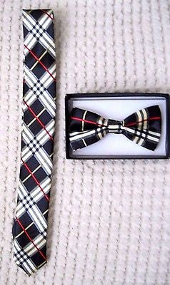 Black Plaid Neck tie & Black Plaid Adjustable Bow Tie Combo Set! Brand New!