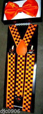 Black Adjustable Bow tie + Orange&Black Stripes Adjustable Suspenders Combo-New!