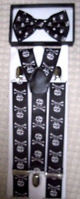 Unisex Skulls&Crossbones Adjustable Bow tie & 1 1/2" WIDE Adjustable Suspenders6