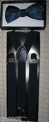 Shiny Blue Adjustable Bow Tie & Navy Blue Glittered Adjustable Suspenders Set