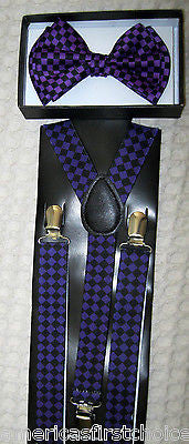 Purple Diamonds Checkers Bow Tie & Purple Checkers Adjustable Suspenders Set-New