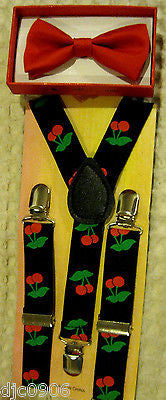 Red Kid's Boys Girls Y-Back Adjustable Bow Tie&Red Cherries Black suspenders