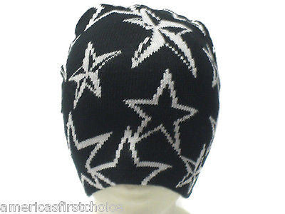 White Stars on Black Winter Knitted Skull Beanie Ski Cap -New with Tags!