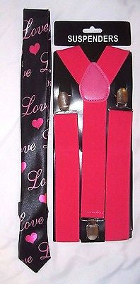 Black with Love and Hearts Necktie,& Solid Red Y-Back Suspenders Set-New!