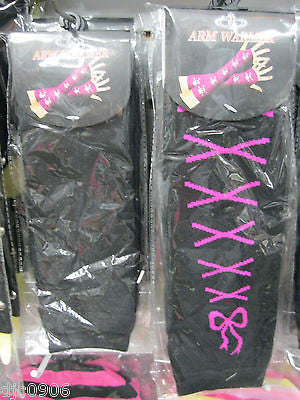 Black with Pink Laces Ribbons Elastic Fingerless Arm Warmer Elbow Long Gloves