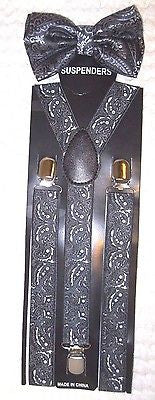 Black Paisley Pattern Adjustable Bow Tie & Black Paisley Y-Back Suspenders-New!