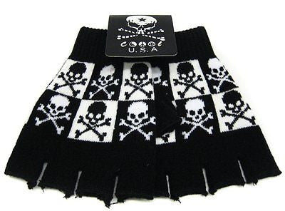 NEW BLACK WHITE SKULL CROSSBONES CHECKERED PUNK GOTHIC FINGERLESS CUTOFF GLOVES