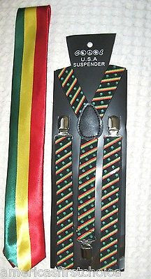 Rasta Stripes NeckTie&Rasta Stripes w/ MJ Leaves Adjustable Suspenders Combo-New