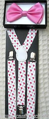 Solid Pink Adjustable Bow Tie&Pink Silver Hearts Adjustable Suspenders Combo-New