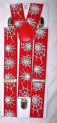 Unisex WIDE 1 1/2" Red with White Spider Webs Y-Back suspenders-New!VERSION1