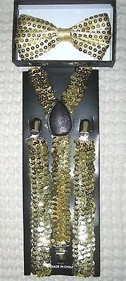 Gold Sequin Adjustable Bow tie&Gold Sequence Adjustable Suspenders Combo-New!v4