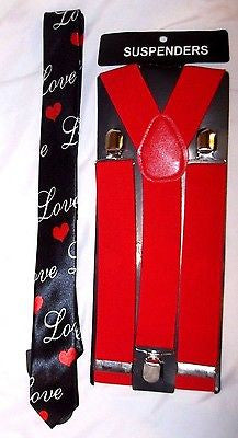 Black with Love and Hearts Necktie,& Solid Red Y-Back Suspenders Set-New!