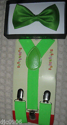 Lime Green Kid's Boys Girls Y-Style Back Adjustable Bow Tie & Green suspenders