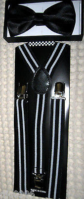 Black White Stripes Bow Tie& Black/White Stripes Adjustable Suspenders Combo-New