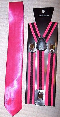 Unisex Men's Women's Hot Pink Necktie + Hot Pink&Black Stripes Suspenders Combo