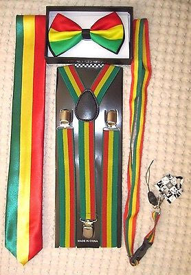 Rasta Stripes Bow Tie,Rasta NeckTie,Rasta Stripes Suspenders&Rasta Lanyard-NEW4