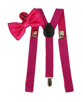 Hot Pink Sequin Bow Tie and Pink Glittered Adjustable Y-Back Suspenders Combo