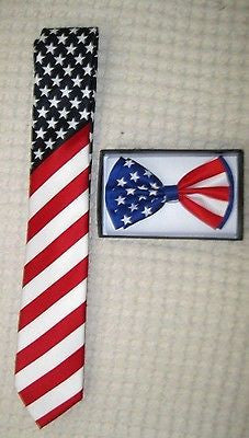 US Flag American Flag 1 1/2" Neck Tie & US Patriotic Flag  Adjustable Bow Tie-V2