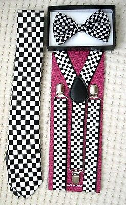 Black&Yellow Checkers Necktie and Black&Yellow Checkered Adjustable Suspenders