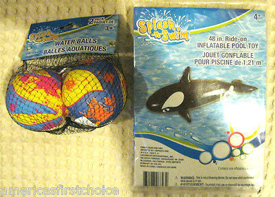 Splash & Swim Inflatable Orca Killer Whale Float/Ride On and Water Balls-New!