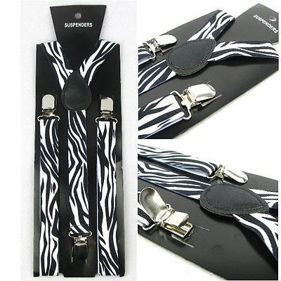 Unisex White and Black Zebra Print Y-Style Back suspenders with polished clips