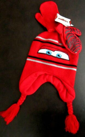 Kid's Children's Disney Lightning McQueen Cars Knitted Laplander Beanie+Mittens