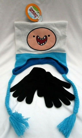 Adventure Time Finn Laplander Peruvian Beanie Hat Cap and Black Knitted Gloves-Brand New!