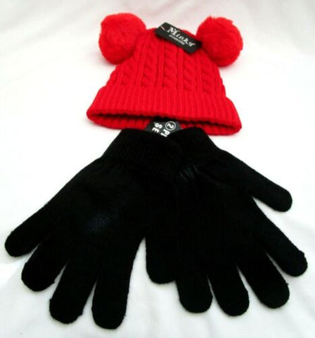 Kids Teen Red Knitted Minnie Mouse/Mickey Mouse Look Pom Beanie + Knitted Gloves