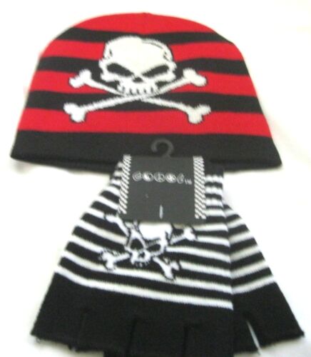 White Skulls&Crossbones Red/Black Stripe Knitted Beanie+Skulls&Crossbones Gloves