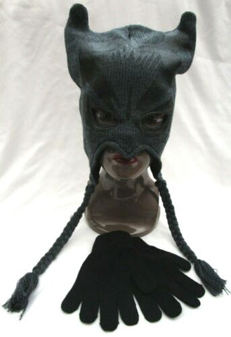 Halloween Kid's Batman Mask Laplander Beanie and Black Knitted Gloves-Brand New!