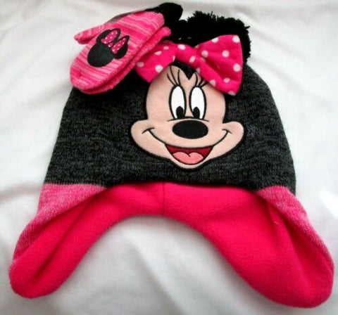 Embroidered Minnie Mouse Image Laplander Beanie Hat and Mittens Gloves-New! VER2