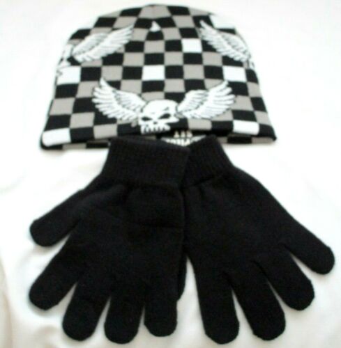 Winged Skulls Gray & Black Checker Winter Knitted Skull Beanie Ski Cap&Gloves