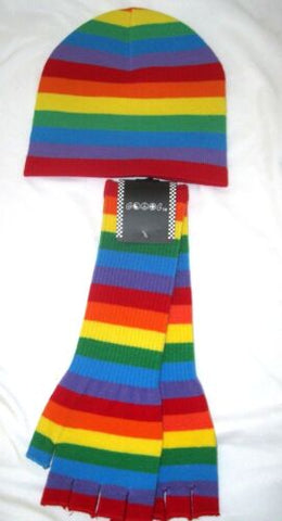 Rainbow Stripes Stripped Beanie Ski Hat Cap + Arm Warmers Fingerless Gloves-New!