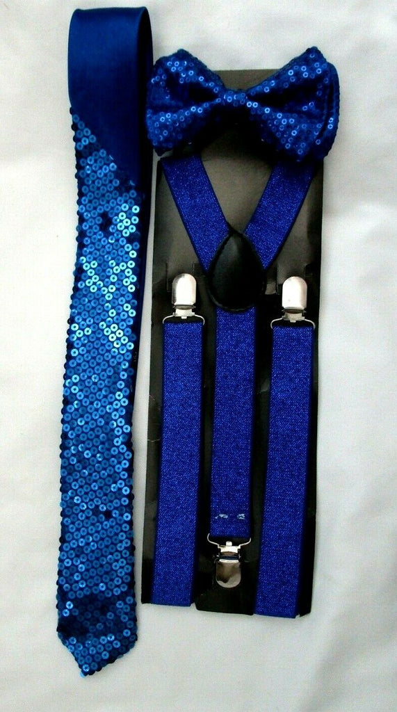 UNISEX SET OF UNISEX FASHION BLUE SEQUIN NECK TIE, BLUE SEQUIN ADJUSTABLE ALL POLYESTER SILK BOW TIE AND BLUE GLITTERED ADJUSTABLE SUSPENDERS COMBO-NEW!