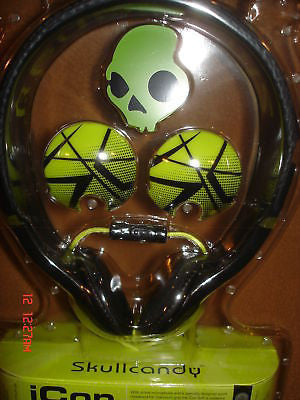 Skullcandy Icon Soft Black/Bright Green Mic Headphones-Brand New Factory Sealed