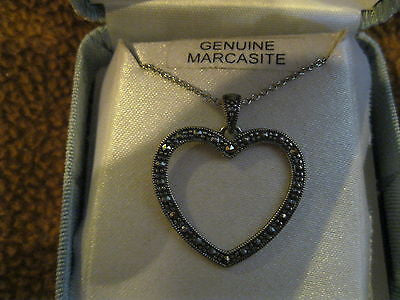 18" Sterling Silver Chain/Necklace with Genuine Marcasite Heart Pendant-New!