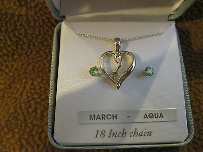 18" Sterling Silver Necklace with March Aqua Sterling Heart Pendant+Earrings