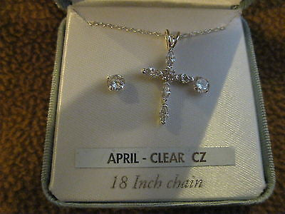 18" Sterling Silver Necklace w/April CZ Stud Crucifix/Cross+Matching Earrings