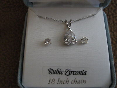 18" Sterling Silver Necklace&Solitaire Cubic Zirconia  Earrings Combo Set-NIB!