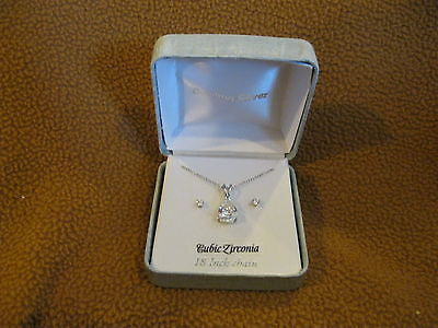 18" Sterling Silver Necklace & Solitaire Cubic Zirconia  Earrings Combo Set-NIB!