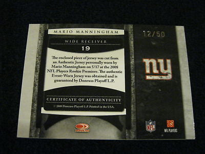 MARIO MANNINGHAM RC 2008 LEAF LIMITED RC JUMBO PATCH CARD#12/50-GIANTS WR RC
