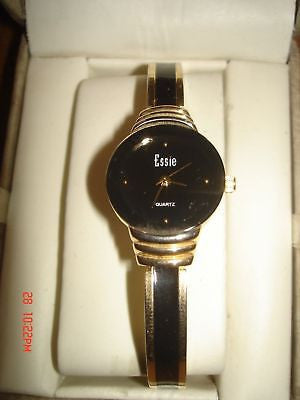 ESSIE BLACK/GOLD BRACELET CLASP WOMEN BLACK FACE WATCH