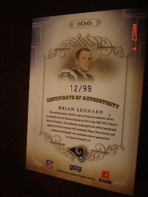 BRIAN LEONARD  NATIONAL TREASURES AUTO 3-CLR PATCH #/99-ST. LOUIS RAMS/BUCANEERS