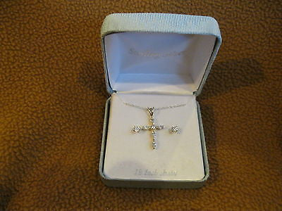 18" Sterling Silver Necklace w/April CZ Stud Crucifix/Cross+Matching Earrings