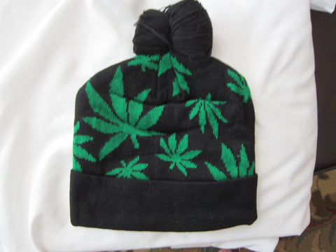 Green Marijuana Weed MJ Leaves on Black Knitted Winter Skull Beanie Ski Cap-New!