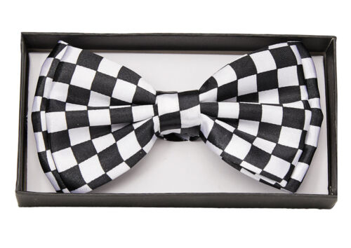 BLACK AND WHITE CHECKERS CHECKERED ADJUSTABLE STRAP BOW TIE-NEW GIFT BOX!