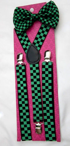Punk Green Black Checkers Adjustable Bowtie+Green Checkers Suspenders Combo-New